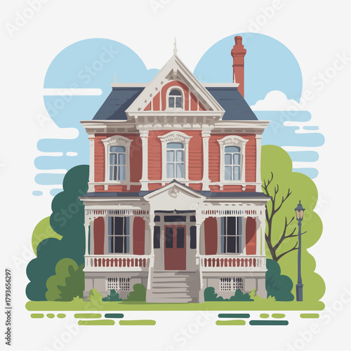 House with Victorian style architecture - home exterior with front yard 2D vector illustration for real estate