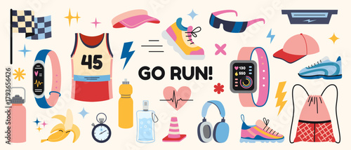 Running, training and motivation concept. Set with sportswear, sneakers, smartwatch and accessories for run. Trendy modern vector illustration isolated on background, hand drawn, flat design