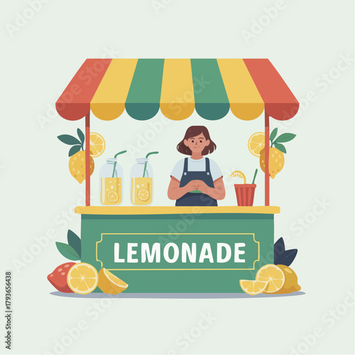 Lemonade stand with woman selling lemonade - primary business and sales 2D vector illustration