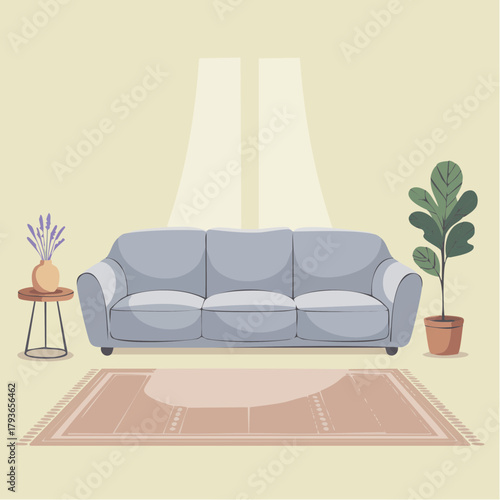 Living room interior with furniture and decorations for cozy interior design - 2D vector illustration