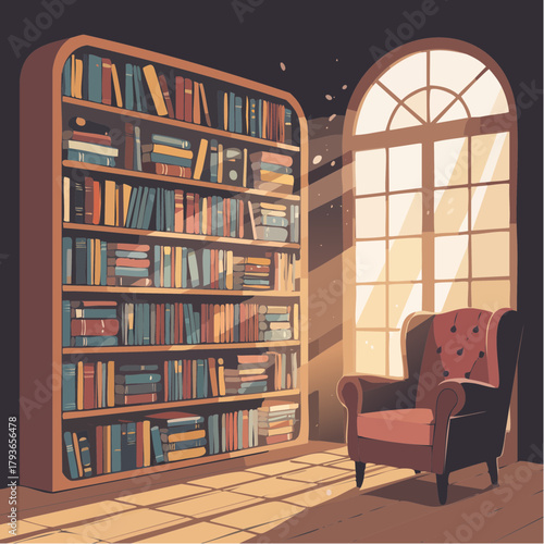Library interior with bookshelves filled with literature - 2D vector illustration setting/scene