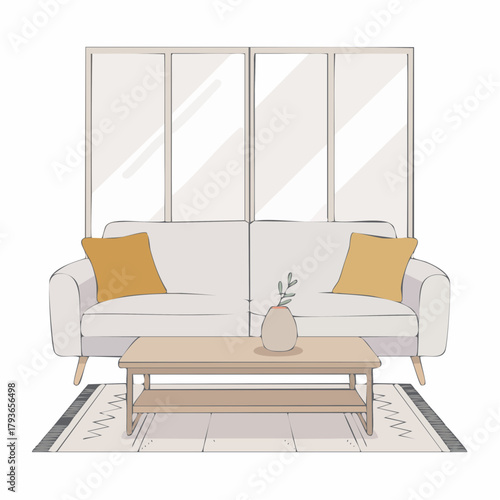 Living room interior with furniture and decorations for cozy interior design - 2D vector illustration