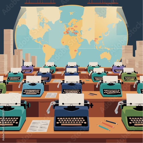 newsroom concept with various typewriters in empty office interior - 2d vector illustration