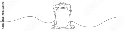 Decorative frame in one line art style. Drawing of a baroque frame with an ornate top, black stroke on a white background. Vector illustration.