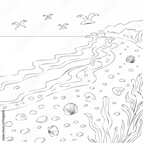 Beach monochromatic doodle black and white vector illustration