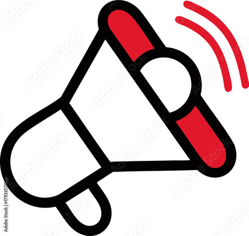 Megaphone outline icon with red sound wave for loud alert message