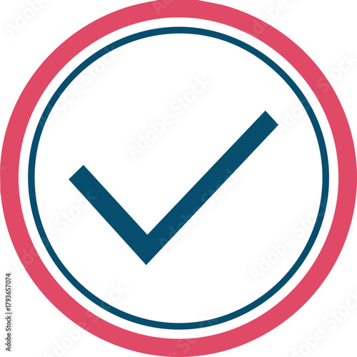 Round check mark icon with blue tick inside red circle for approval