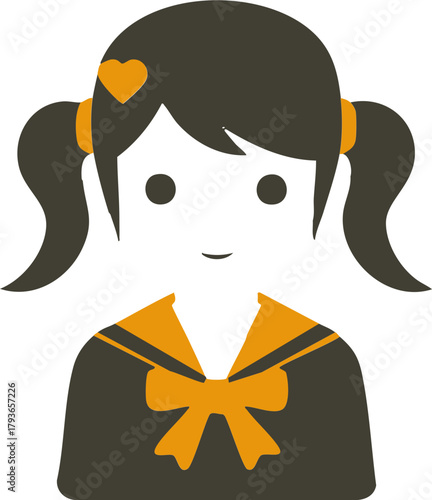 Cute schoolgirl character with bow and pigtail hair in uniform style