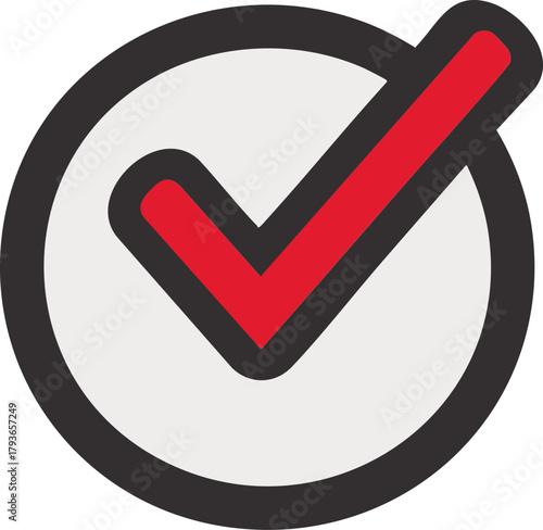 Red check mark inside gray circle icon for approval and confirmation