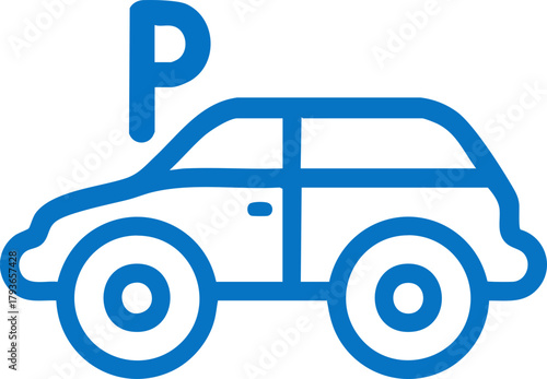 Blue parking car icon with letter p symbol for vehicle park location