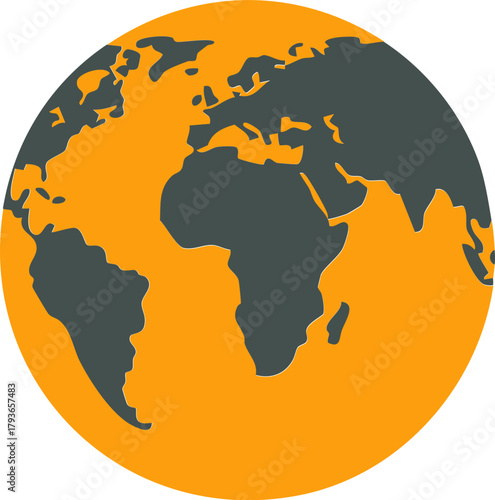 Orange earth globe icon showing world continent silhouette in circle