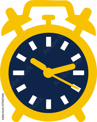 Yellow alarm clock icon with dark blue face and ticking hands illustration