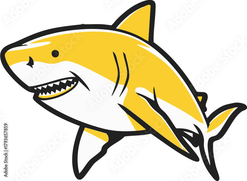 Yellow shark illustration with open mouth and sharp tooth on white