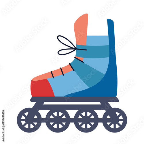 Inline roller skate in red and blue colors, summer sport equipment. Modern vector illustration isolated on white background, hand drawn, flat design