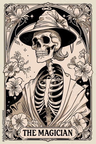 The magician. Tarot card in art nouveau style. Skeleton wearing hat. Vector monochrome illustration