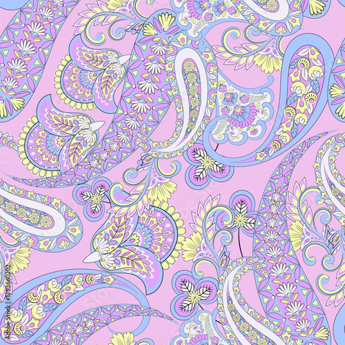 Floral seamless pattern with paisley ornament. Vector illustration in asian textile style