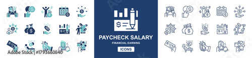 Financial paycheck salary icon line set. Business success earning, money coin, dollar billfold, monthly payment, bank accounting, passive income signs vector illustration