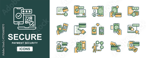 Online transaction secure payment icon set. Business money transfer security, qr code, fingerprints, verity lock, shopping purchase, card banking, pay bill password signs vector illustration