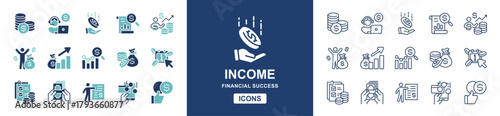 Wealth success income icon line set. Financial salary growth, money dollar, investment, profit gain, earning chart, online payment, business revenue arrow sign vector illustration