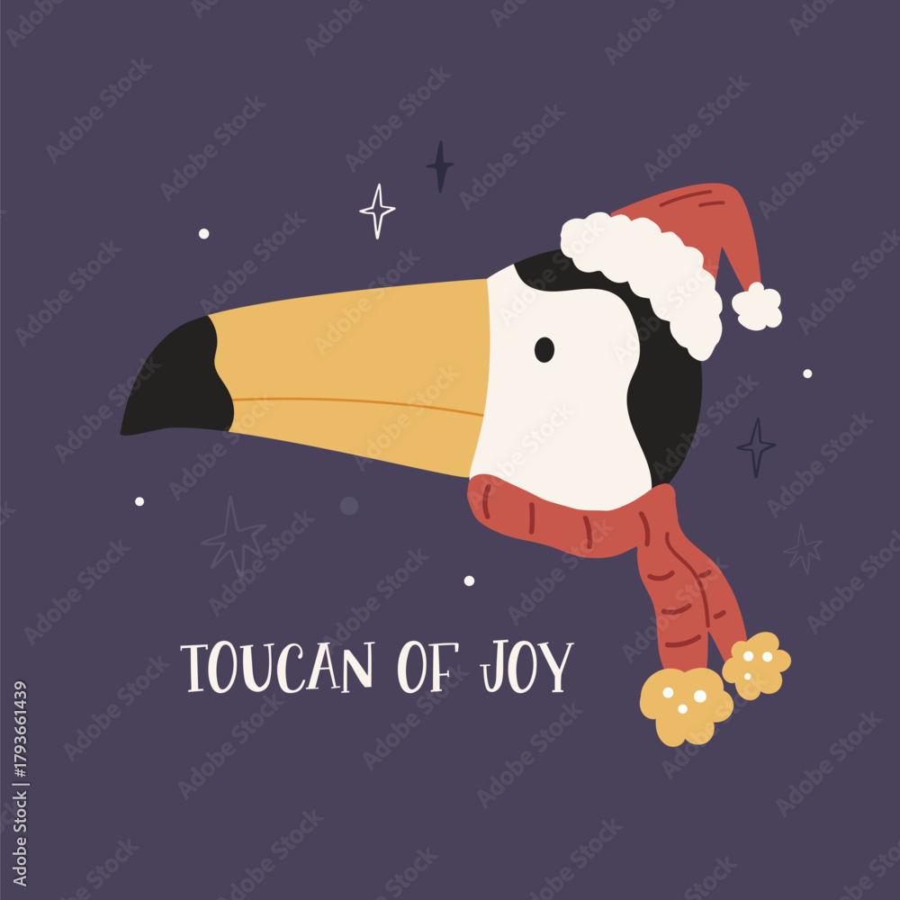 Obraz premium Cute Christmas Toucan Head in Santa Hat and Scarf. Kawaii Tropical Bird Vector Illustration on Dark Background