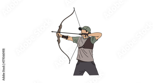Archer with Bow and Arrow Aiming at Target Isolated on White Background