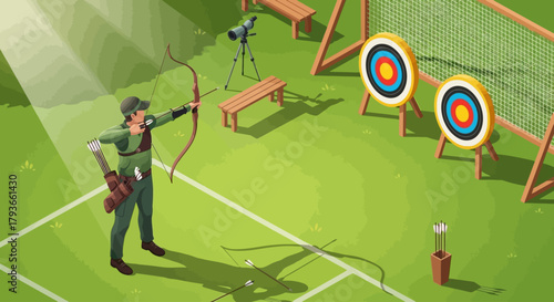 Archer aiming at target in archery range illustration Precision and skill in sports vector