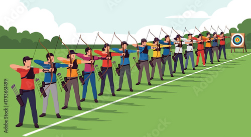 Archery Competition Group of Archers Aiming at Targets on a Green Field