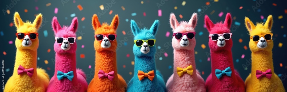 Naklejka premium Colorful alpacas dressed for party wear bow ties, sunglasses. Animals pose in row against dark confetti backdrop. Festive funny animal party celebration. Concept for greeting card invitation design.