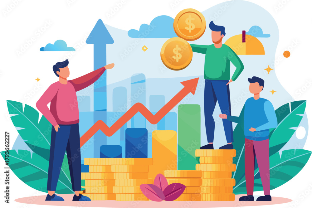 Fototapeta premium Business growth concept with people and graph vector illustration