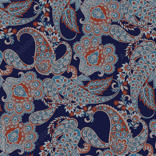 Floral fabric background with paisley ornament. Seamless illustration pattern