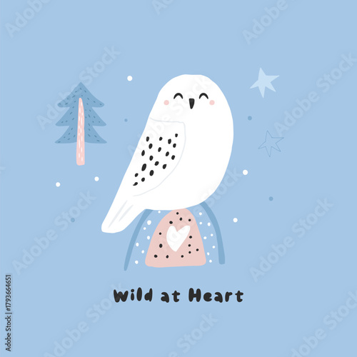 Cute Snowy Owl Illustration, Nordic Wild at Heart Kids Poster, Scandinavian Animal Art on Blue Background