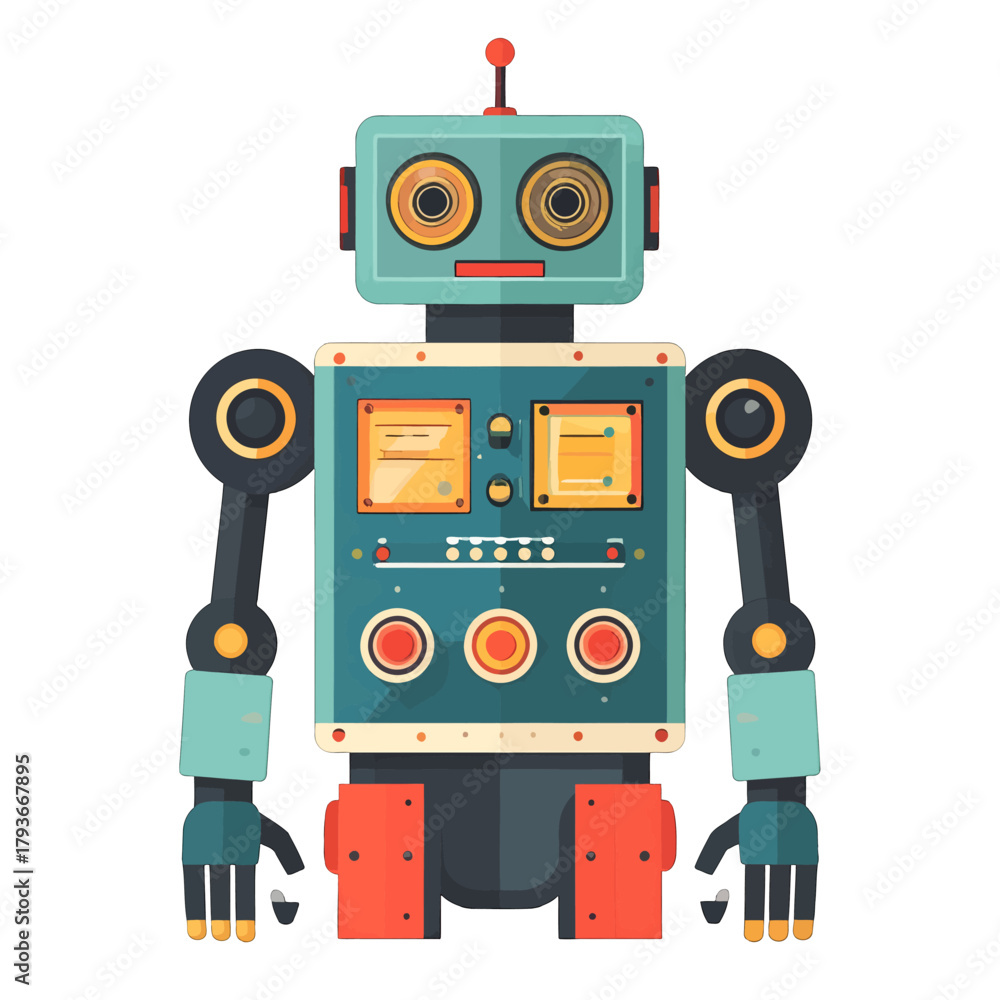 Fototapeta premium Retro Robot Character Design with Teal Body Orange Accents and Circular Eyes Standing Against a White Background