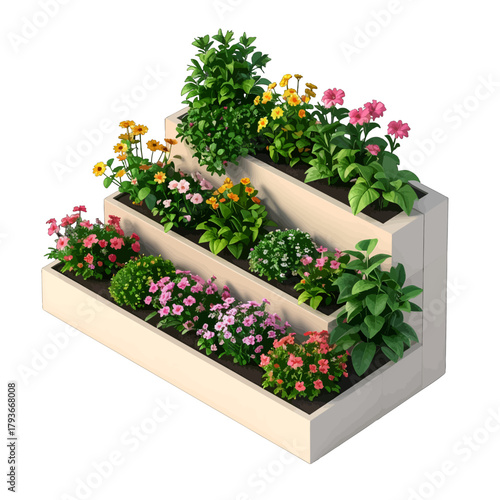Tiered Raised Garden Beds Filled With Diverse Blooming Flowers And Lush Greenery Under Soft Natural Light