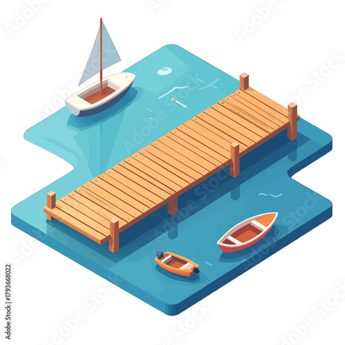 Wooden Pier With Sailboat And Rowboats On Calm Blue Water