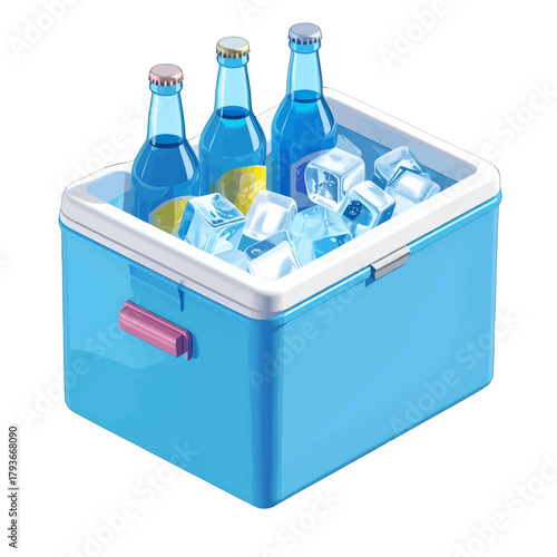 Light Blue Insulated Cooler Box Filled With Ice Cubes And Blue Glass Bottles Of Drink