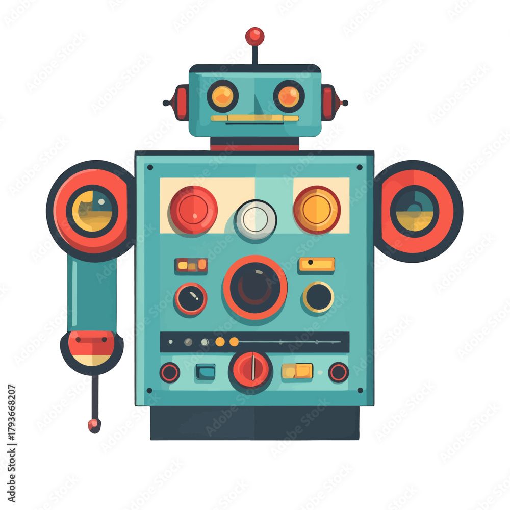 Fototapeta premium Retro Teal and Red Robot Toy with Colorful Dials and Buttons on a White Background
