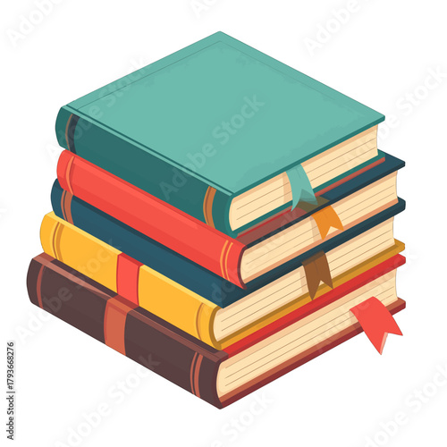 Stack Of Colorful Hardcover Books With Ribbons In A Balanced Pile Showing Various Shades Of Teal Red And Yellow With A Simple Clean Design Against A White Backdrop