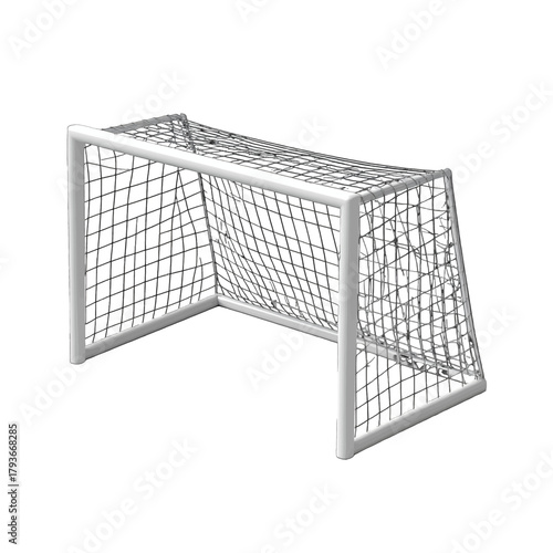 Empty White Soccer Goal Net With Metal Frame Against A White Background Viewed From A Three Quarter Angle