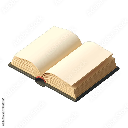 Open blank book with aged yellow pages and black cover on white background isometric view