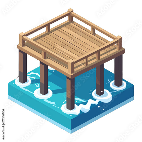 Isometric Wooden Pier Over Blue Water With White Waves And Light Shadows