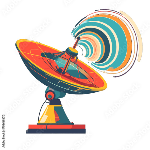 Retro Satellite Dish Receiving Colorful Abstract Signals on White Background