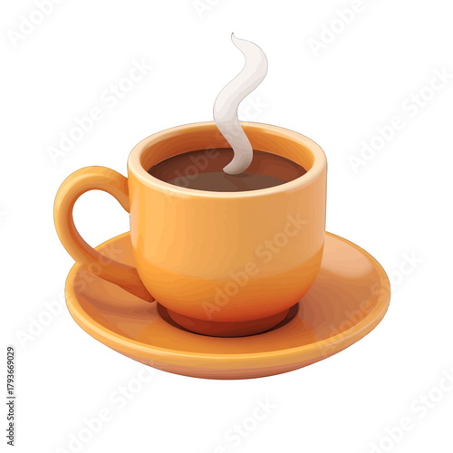 An orange ceramic coffee cup filled with dark hot coffee and steam rising sits on a matching saucer on a white background