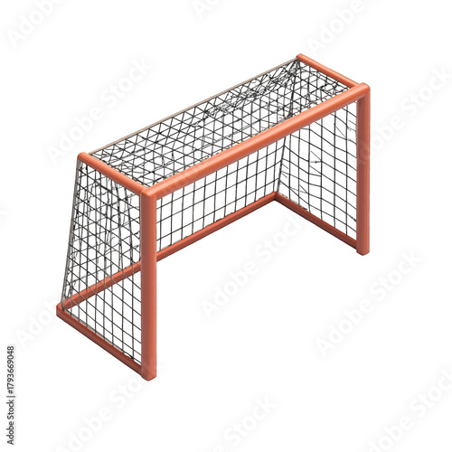 Orange Metal Soccer Goal With Black Net Isolated On White Background Studio Shot