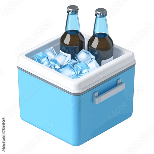 Light Blue Portable Cooler Box Filled With Ice Cubes And Two Dark Bottles On A White Background
