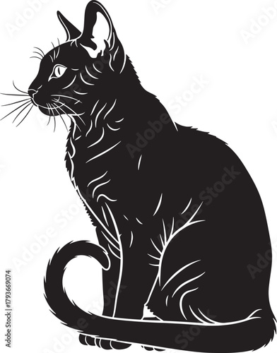Stylized black cat vector illustration, a graceful feline depicted sitting calmly in profile with its tail elegantly curled, perfect for minimalist design projects and animal themes.
