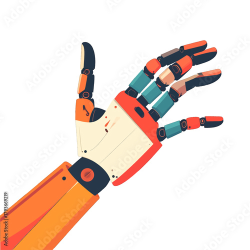Robotic Hand Extending Fingers In A Wave Gesture With Orange And Blue Accents On A White Background