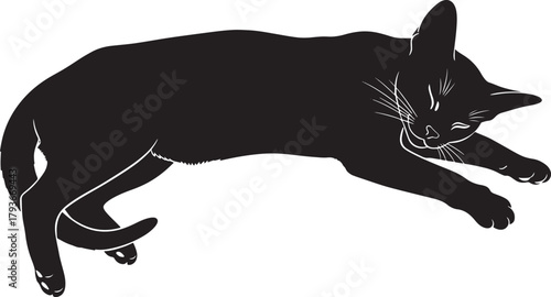 Black cat silhouette resting peacefully, a minimalist graphic vector illustration of a domestic feline sleeping comfortably, showcasing serenity and calm pet relaxation, isolated.