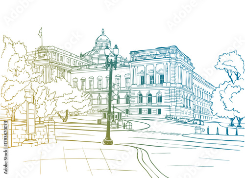 Colorful view of Washington DC, USA. Urban background. Hand drawn sketch. Line art. Ink drawing. Vector illustration.