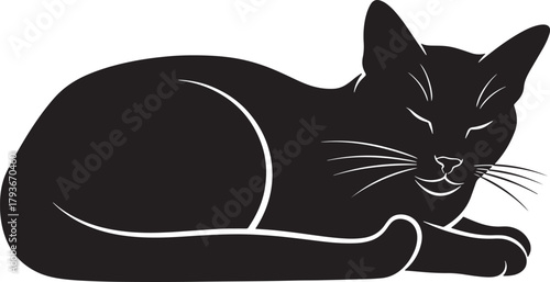Lying down black cat vector illustration with closed eyes, a peaceful domestic feline taking a nap, isolated graphic design element, pets and animals concept art.