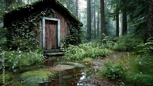 Abandoned Rustic Cabin in Forested Wilderness With Overgrown Vegetation and Water Reflection – Explore Scenic Landscape and Natural Beauty